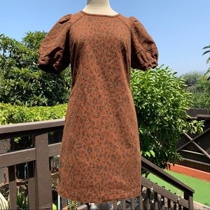 Brown Leopard Print Denim Puff Sleeve Mini Dress